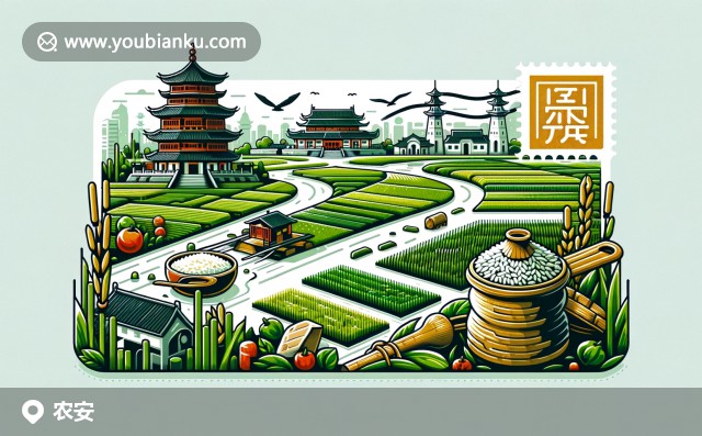 秋季農(nóng)安稻田豐收，裝在郵政大米袋中，明信片風(fēng)格背景展示130200郵編