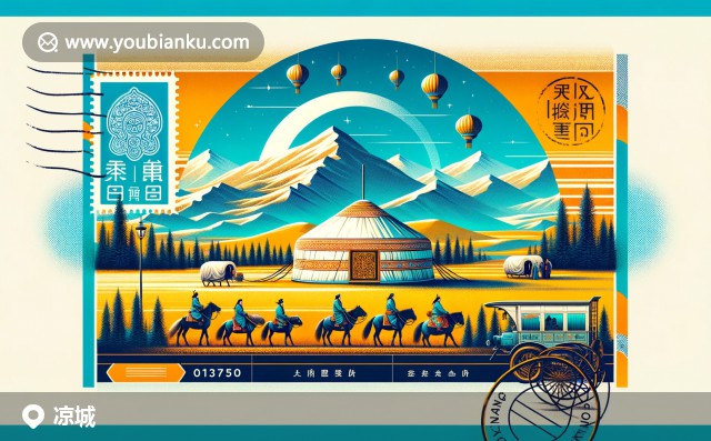蒙古包、蒙古馬騎手、賀蘭山與郵票的寬屏插畫 - 涼城縣郵編013750