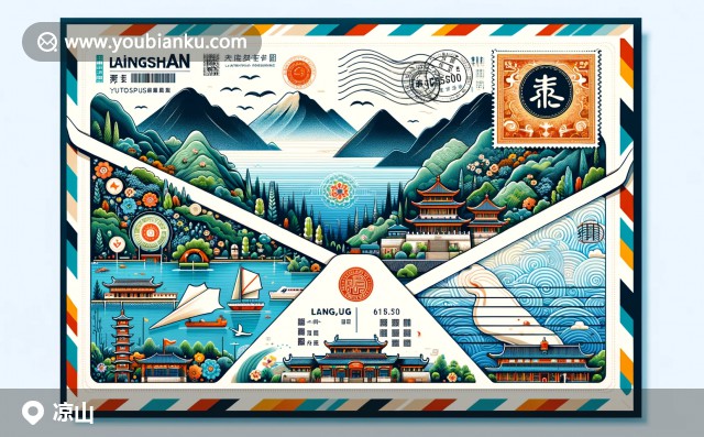 涼山彝族自治州融合自然美景與民族文化，現(xiàn)代插畫(huà)風(fēng)格展現(xiàn)航空郵件與彝族銀飾