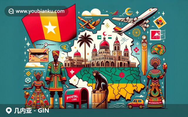 幾內(nèi)亞文化與郵政元素的完美融合，展現(xiàn)國(guó)旗、清真寺、非洲服飾和舞蹈元素，營(yíng)造濃厚文化氛圍