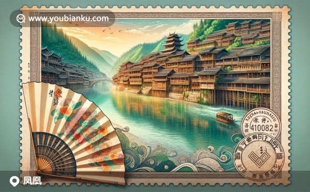 鳳凰古城吊腳樓、沱江、傳統(tǒng)扇子與郵票 - 湘西土家族苗族自治州文化象征