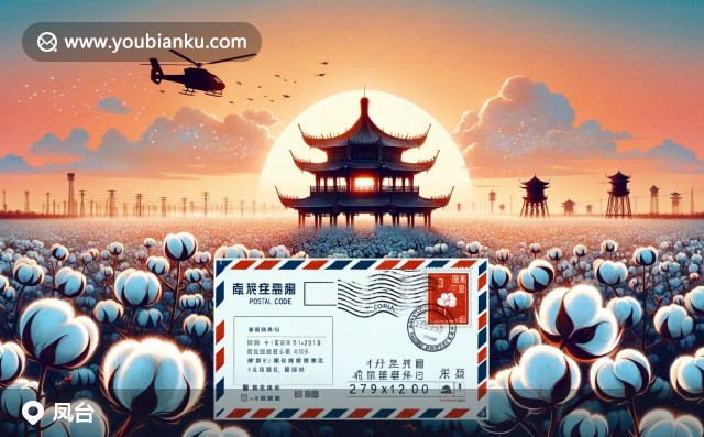 中國傳統(tǒng)亭子與棉花田交織的郵局風(fēng)情，232100郵編的航空信封，展示鳳臺文化遺產(chǎn)與農(nóng)業(yè)特色