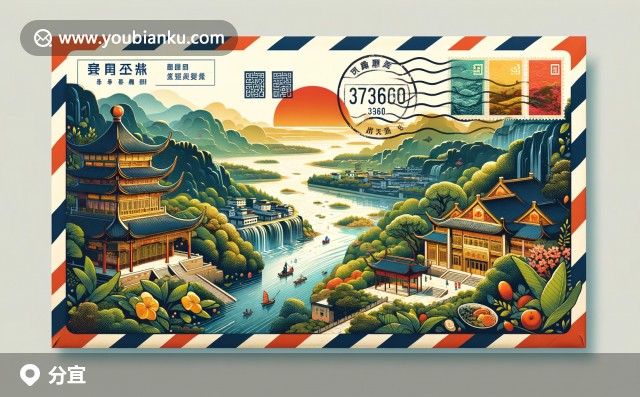 分宜縣綠色植被、河流、傳統(tǒng)建筑與特色產(chǎn)品郵票圖案 - 中國(guó)郵政編碼336600