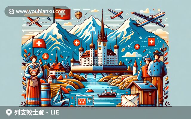 現(xiàn)代插畫(huà)展示列支敦士登郵政編碼頁(yè)面設(shè)計(jì)：瓦杜茲城堡、自然景色和傳統(tǒng)服飾