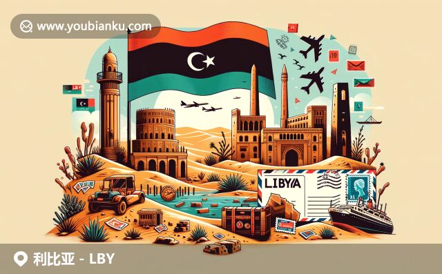 現(xiàn)代插畫：利比亞地域與郵政特色，展現(xiàn)國旗、沙漠風景、古羅馬遺址和地中海元素