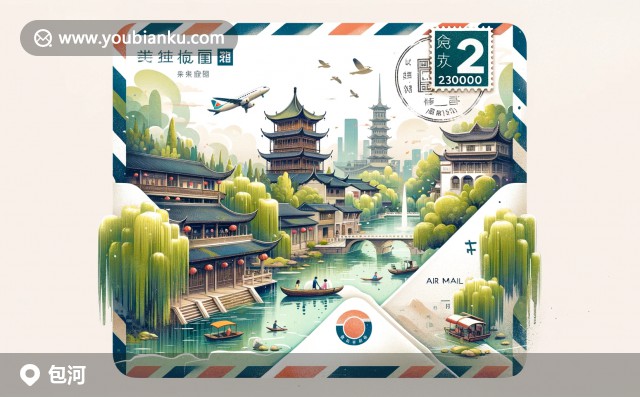 傳統(tǒng)徽派建筑、包河公園柳岸船游與羅崗山城市天際線的郵資信封