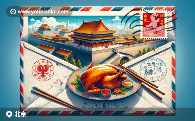 現(xiàn)代創(chuàng)意描繪北京，八達嶺長城、故宮與北京烤鴨融入郵政主題，展現(xiàn)傳統(tǒng)元素