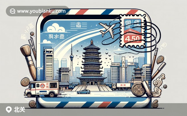 郵票與郵戳455000的郵局元素，郵筒、郵車與中國書法毛筆，展示北關(guān)區(qū)文化和郵政傳統(tǒng)