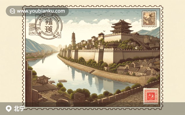 遼寧省錦州市北鎮(zhèn)市的標(biāo)志，包括綠波廊橋、地道美食和帶郵政編碼121300的航空信封