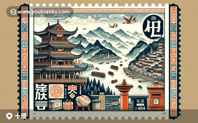 十堰自然與文化的完美融合，展現(xiàn)武當(dāng)山美景和地方特色農(nóng)產(chǎn)品，中心的航空郵件信封彰顯道教文化
