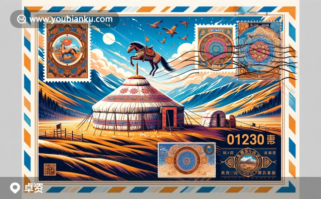 插圖：蒙古包、賀蘭山與傳統(tǒng)航空信封 - 郵編012300, 內(nèi)蒙古自治區(qū)烏蘭察布市卓資縣