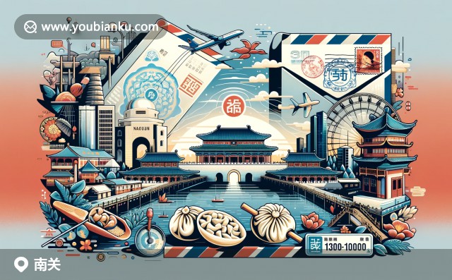 現(xiàn)代插畫：南關(guān)區(qū)地標(biāo) - 滿洲皇宮、餃子與長春雕塑公園，郵局主題設(shè)計