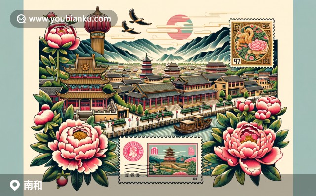南和縣插圖：古樸豫陽古鎮(zhèn)，繁花似錦牡丹，郵政信封與郵票象征中國風情