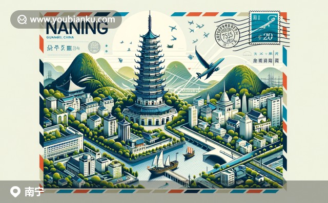 南寧現(xiàn)代藝術(shù)郵件信封，融合青秀山、龍象塔和城市景觀，展現(xiàn)豐富的自然美景與歷史遺產(chǎn)