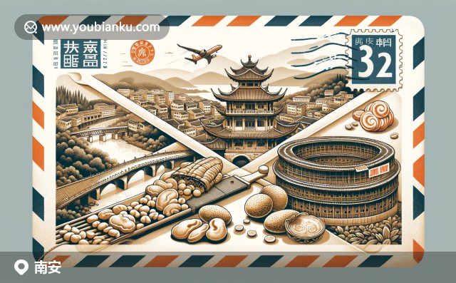 郵封上的南安風(fēng)光 - 安平橋、福建土樓、花生糖與蚵仔煎，郵政編碼362300