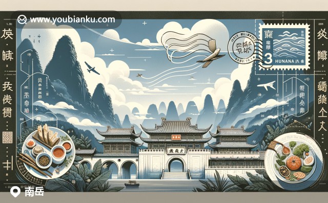 展示湖南省南岳區(qū)壯麗風光、歷史悠久的南岳廟、地方特色美食及郵政元素的插圖，郵政編碼421000