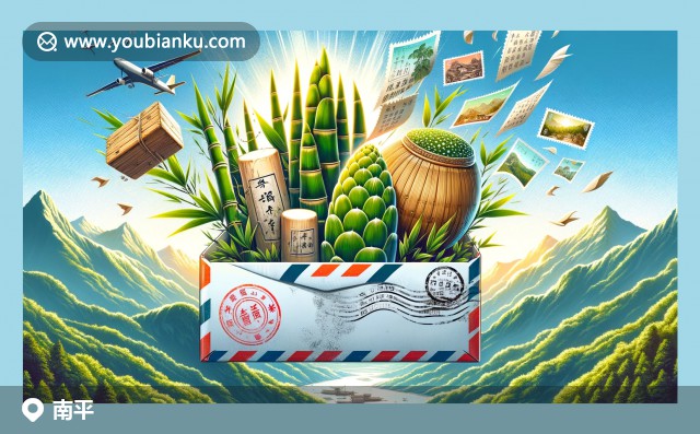 南平文化與自然美景巧妙融合，展現(xiàn)筍插圖、苦櫧糕和武夷山風(fēng)光，色彩生動(dòng)奇幻