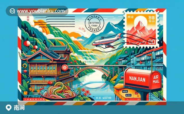 云南省大理白族自治州南澗的郵票郵戳特色與自然景觀郵遞插畫