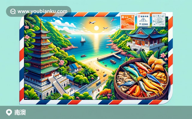 廣東汕頭南澳縣航空信封插圖，展示東山寺、海灘風(fēng)光及特色干海產(chǎn)品，郵編515900