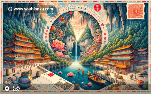 南芬區(qū)插圖：展示本溪水洞、傳統(tǒng)茶具與郵政元素的美麗明信片