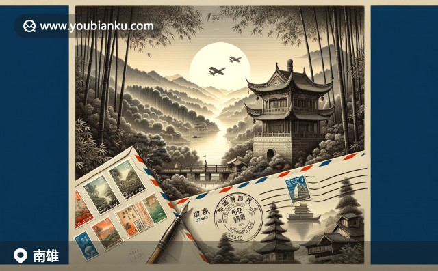 傳統(tǒng)明式建筑與翠竹背景下的郵政通信，南雄廣東郵票與寫信藝術(shù)展示