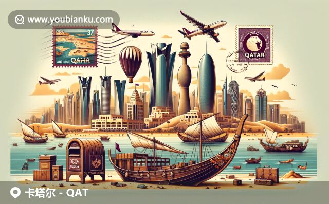 卡塔爾地理、文化元素與郵政特色相融，展示多哈火炬塔、傳統(tǒng)船只與沙漠景觀，呈現(xiàn)豐富海洋遺產(chǎn)與自然環(huán)境