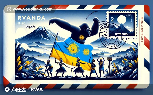 盧旺達(dá)地域與郵政特色相融，展現(xiàn)國旗、大猩猩與火山景觀，傳統(tǒng)跳舞與郵政元素交織