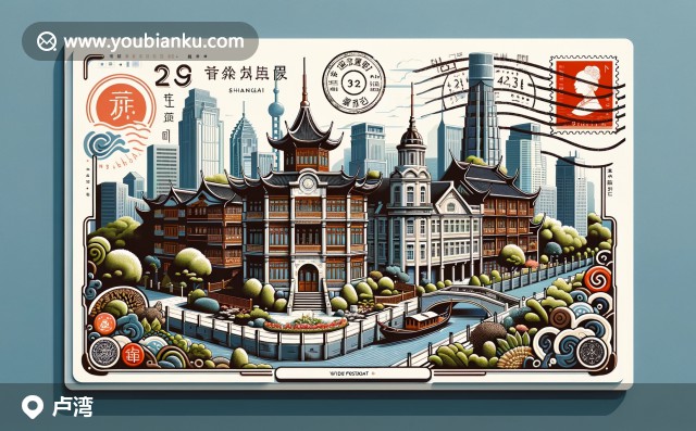 航空信封插畫：新天地石庫門、復興公園與上海藝術博物館，現(xiàn)代與傳統(tǒng)的交匯，200000郵政編碼，盧灣區(qū)城市風光