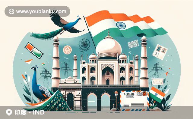 現(xiàn)代印度插畫，展現(xiàn)泰姬陵和孔雀，融合印度文化與郵政元素