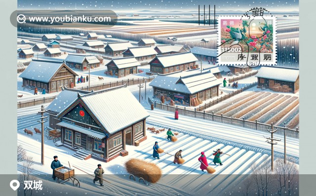 精美的哈爾濱雙城市冰雕郵票設(shè)計，展示玉米、亭子與郵戳150100