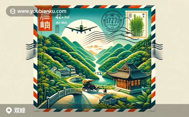 雙峰縣郵票郵戳下的綠色山巒、傳統(tǒng)建筑與郵政車(chē) - 展示獨(dú)特的地理風(fēng)貌與文化遺產(chǎn)