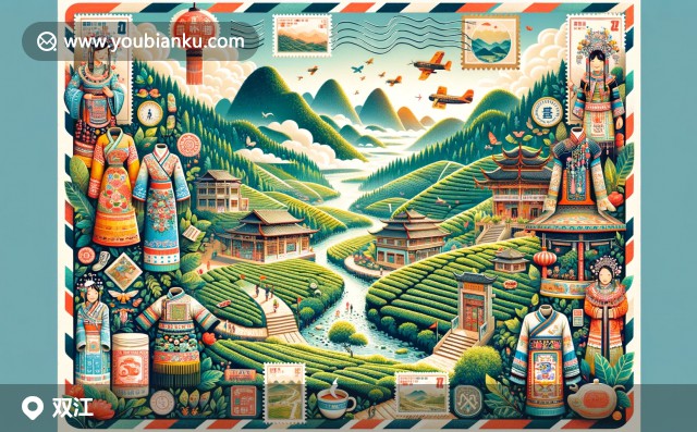 雙江拉祜族佤族布朗族傣族自治縣郵票式插畫(huà)，展現(xiàn)茶園風(fēng)光、民族服飾與節(jié)日盛況