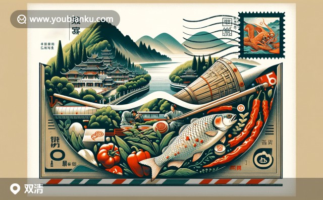 南山風(fēng)景區(qū)，特色辣椒蒸魚(yú)頭與葫蘆絲樂(lè)器的雙清區(qū)郵票主題插畫(huà)