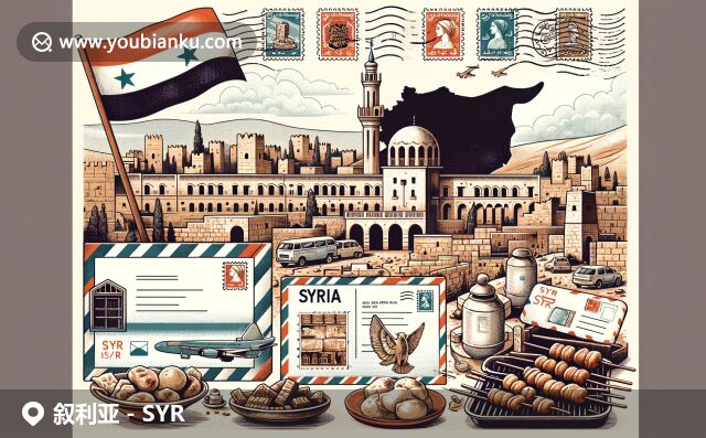 敘利亞地標(biāo)與郵政特色的現(xiàn)代插畫，展現(xiàn)國(guó)旗、城堡、遺跡和美食，融入明信片與郵票元素