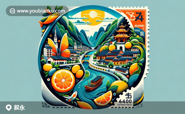 風景如畫的沱江，羅江古鎮(zhèn)郵票與敘永柑橘 - 敘永縣地標性插圖