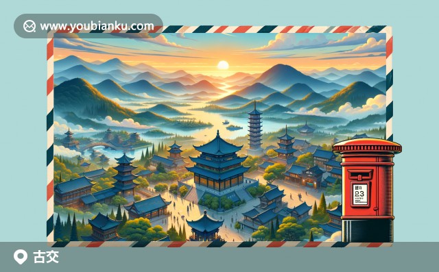 復(fù)古明信片上的五臺山郵局景色 - 航空信封與佛教文化交織的現(xiàn)代插畫
