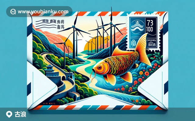 甘肅省古浪縣特色景觀：長城、風(fēng)力發(fā)電的風(fēng)車與黃河鯉魚，融入航空郵件設(shè)計，郵政編碼733100