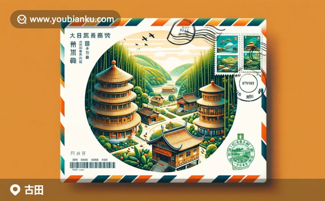 福建寧德古田：古田會議地點、翠綠竹林與傳統客家民居郵票圖案