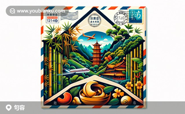 航空信封內(nèi)的句容風(fēng)光：竹林、茅山與銀杏果，郵戳上的212400，展示句容獨特魅力