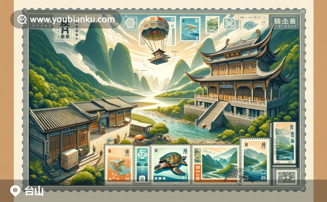 臺山市郵票插圖：北風(fēng)山、潮汕建筑與海龜保護(hù)區(qū)溫泉郵票