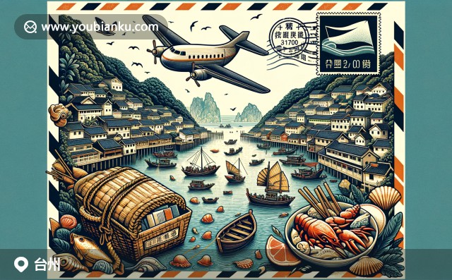 臺(tái)州海洋文化的現(xiàn)代描繪，融合郵政元素與海鮮美食，展現(xiàn)漁村風(fēng)貌與傳統(tǒng)漁船