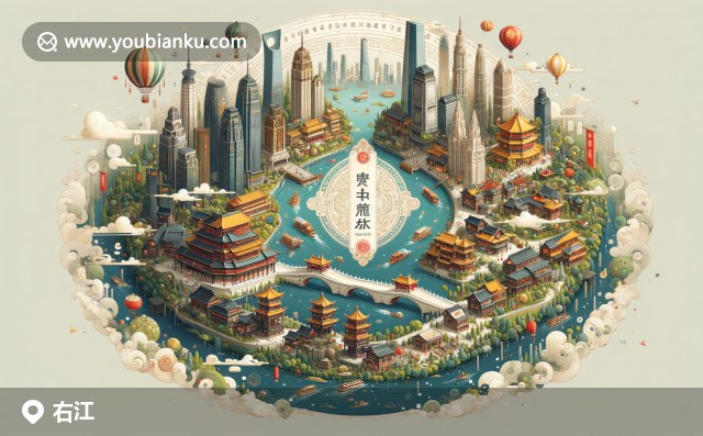 半開的航空信封上的533000郵政編碼，展示右江區(qū)歷史古跡、植物與美食的現(xiàn)代藝術(shù)設(shè)計(jì)，伴有中國郵政郵票