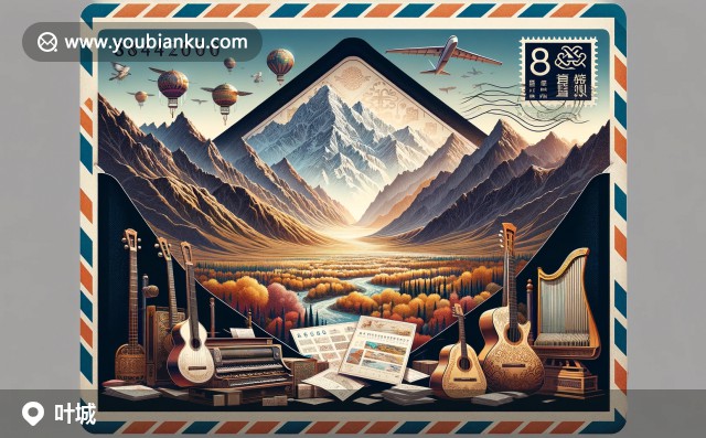 葉城縣郵票插畫：雄偉昆侖山脈，傳統(tǒng)維吾爾樂器，秋日白楊林，郵政編碼844900