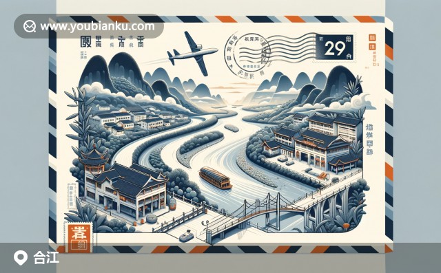 合江郵政主題郵票與地理文化融合設(shè)計(jì)，長(zhǎng)江沱江交匯、瀘州老窖與甜辣竹筍圖案，郵編646200