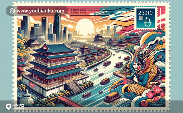 現(xiàn)代插畫風(fēng)格的明信片，融合合肥的三大特色元素：三河古鎮(zhèn)傳統(tǒng)建筑、中國科技大學(xué)和科學(xué)島