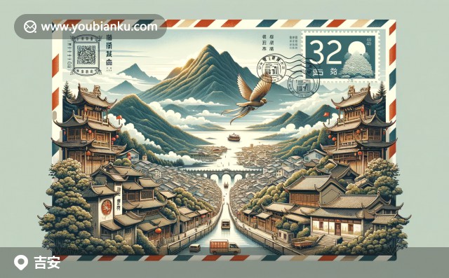 中國傳統(tǒng)郵票與文山寺、井岡山和吉安干茶的現(xiàn)代插畫，展示吉安歷史、文化和特產(chǎn)