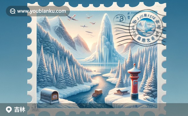 吉林省自然與文化的融合，展現霧凇島、長白山、松花江和郵政元素