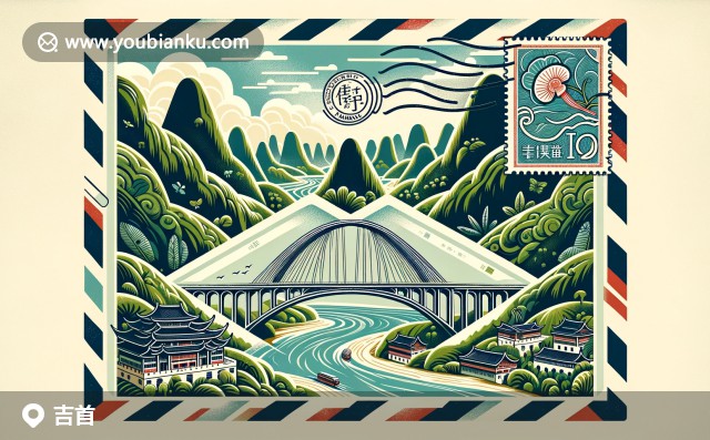 湖南省吉首市郵票插畫：艾葉大橋、山巒與苗土文化遺產(chǎn)