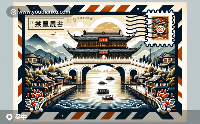 古老盤門、太湖美景與蘇繡的吳中區(qū)郵票插圖 (郵政編碼215100)