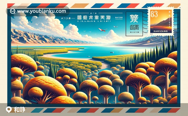 特有梭梭林與博斯騰湖全景，中國郵票裝飾的超大明信片，郵政編碼841300